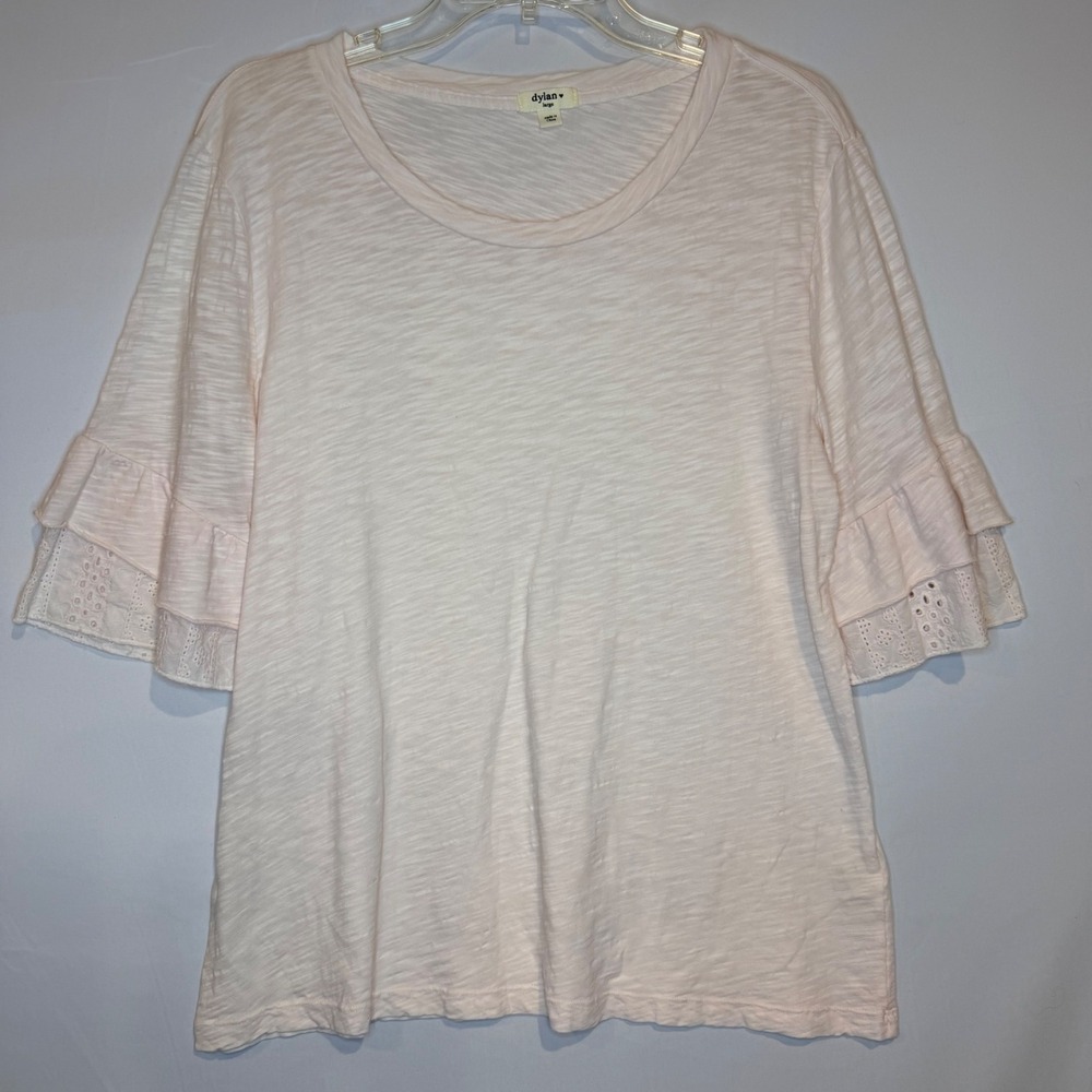 Dylan Womens Large Blush Pink Slub Knit Tiered Ruffle Eyelet Sleeve Scoop Tee